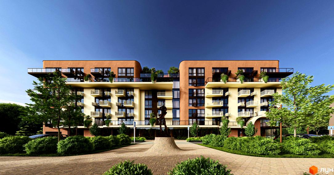 Житловий комплекс ЛАЙТ ПАРК. Фасад будівлі з балконами та терасами, зелена прибудинкова територія з доріжками та скульптурою.