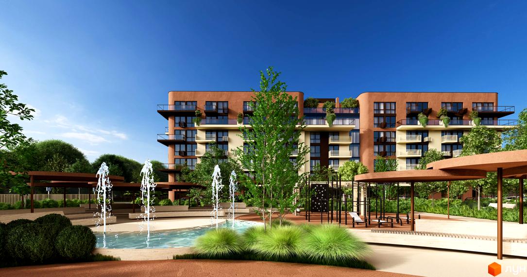 Житловий комплекс ЛАЙТ ПАРК з цегляним фасадом та балконами, прибудинкова територія з фонтанами та спортивним майданчиком.