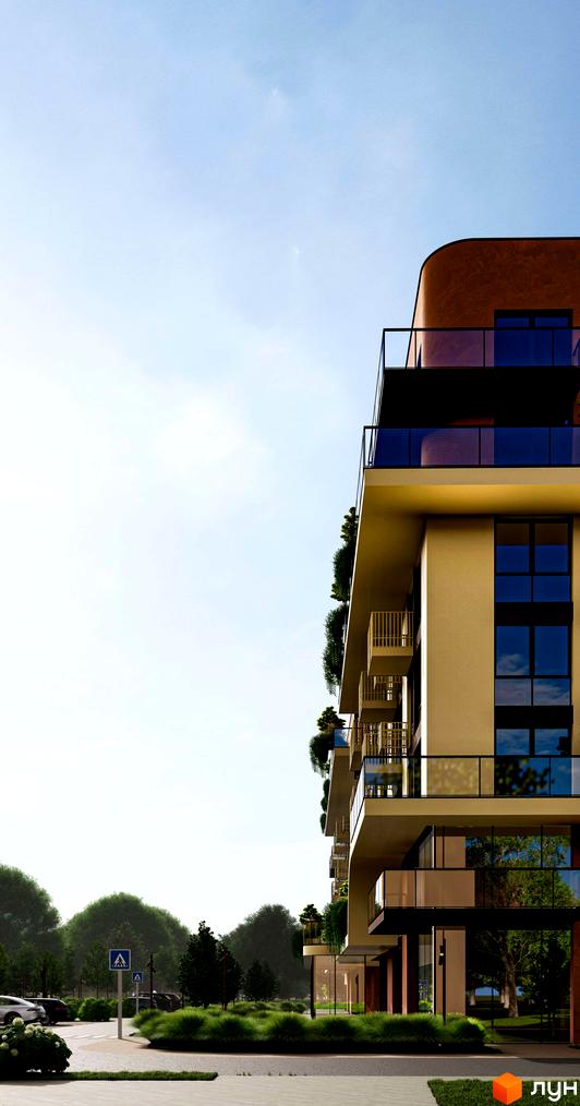 Житловий комплекс ЛАЙТ ПАРК з балконами та скляними фасадами, оточений деревами та зеленню.