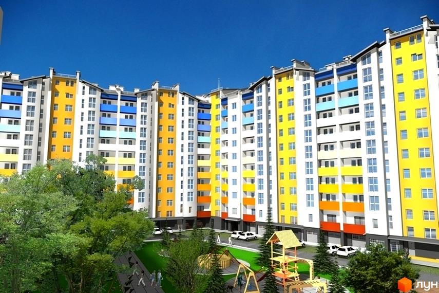 Зображення фасаду житлового будинку по вулиці Галицька, 120а. На території є дитячий майданчик та зелені насадження.