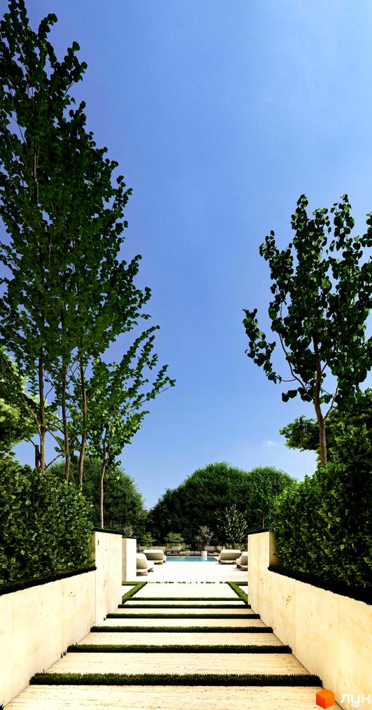 Житловий комплекс ЛАЙТ ПАРК з доглянутою прибудинковою територією та зоною відпочинку біля басейну.