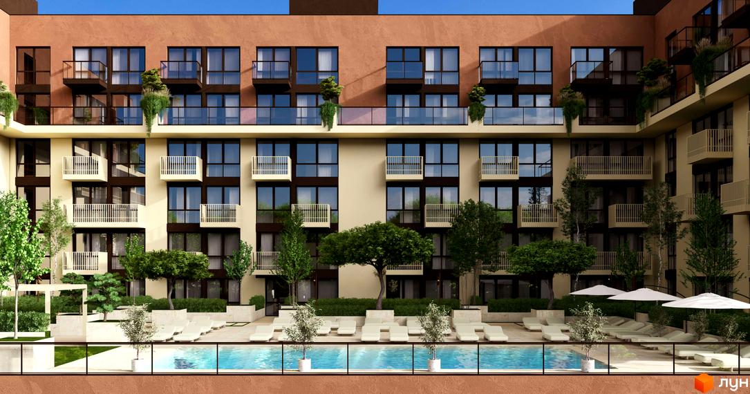 Житловий комплекс ЛАЙТ ПАРК з багаторівневим фасадом, великими вікнами та балконами. На прибудинковій території басейн, зелені насадження та зони відпочинку.