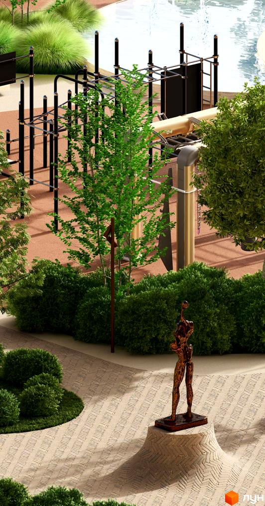 Житловий комплекс ЛАЙТ ПАРК: спортивний майданчик з тренажерами, зелені насадження, водойма та скульптура на території.