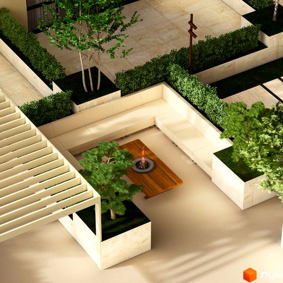 Озеленений внутрішній двір Новобудови ЛАЙТ ПАРК з комфортною зоною відпочинку, перголою та вогнищем.