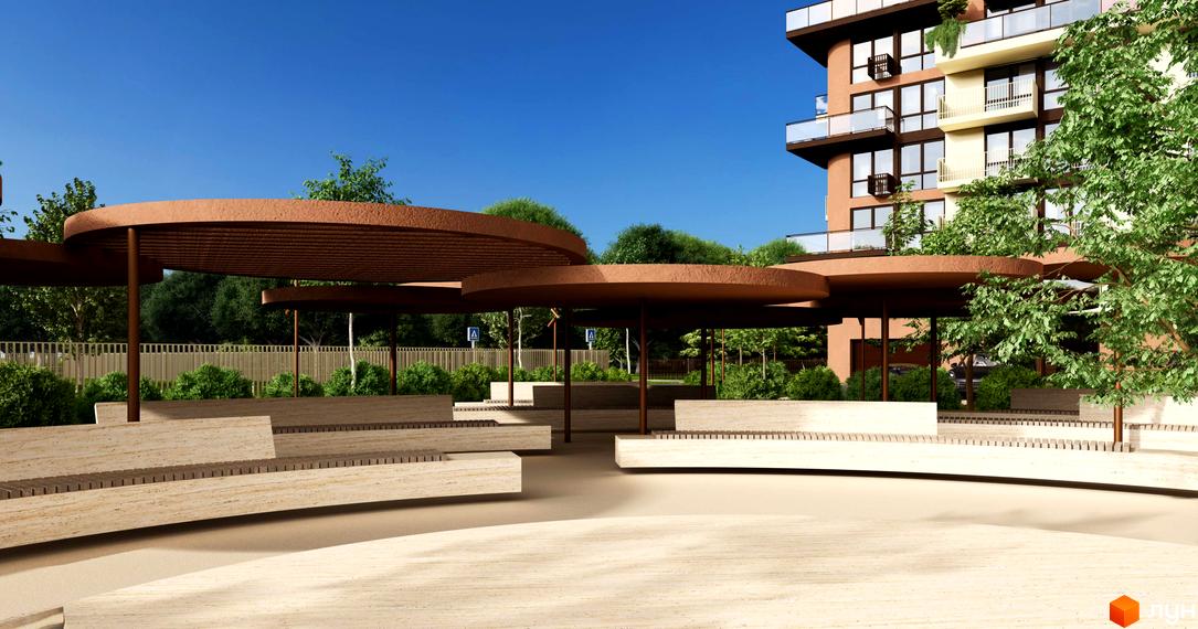 Житловий комплекс ЛАЙТ ПАРК з елегантною прибудинковою територією з лавами та навісами. Сучасна архітектура новобудови.