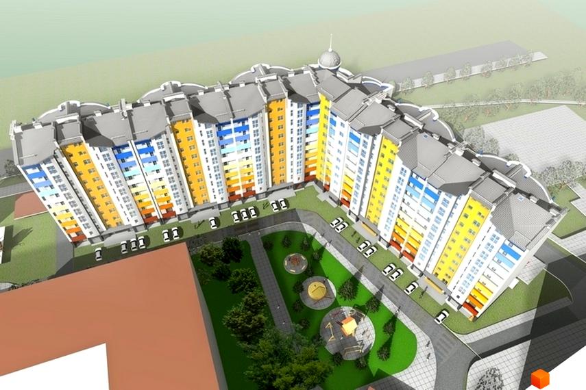 Зображення житлового комплексу на вулиці Галицька, 120а. Вигляд багатоповерхового будинку з кольоровими фасадами та облаштованою прибудинковою територією з дитячим майданчиком.