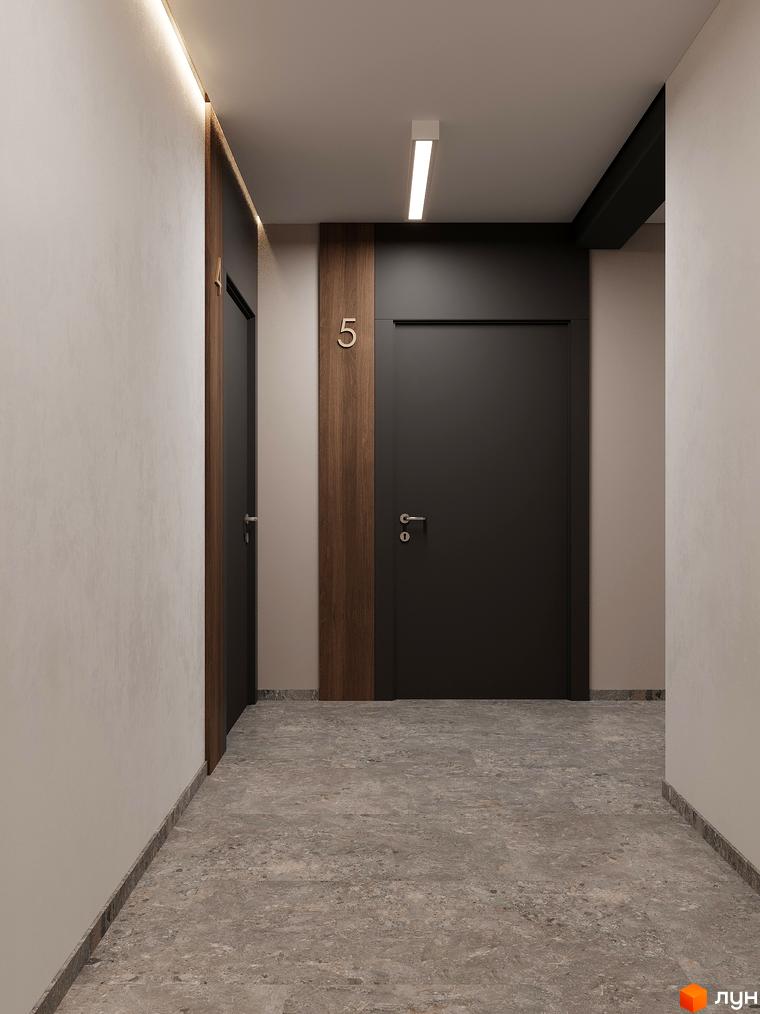 Сучасний коридор з дверима під номерами 4 та 5, оздобленням з дерева та підлогою з мармурової плитки. ЖК ATMOSFERA.