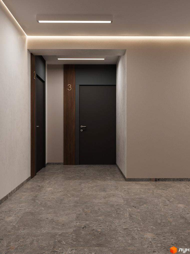 Вхідна група житлового комплексу ATMOSFERA з дверима та нумерацією квартир. Підлога оздоблена сірим мармуровим керамогранитом.