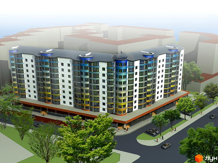 Зображення житлового комплексу на вулиці Галицька, 120а. Багатоповерхова будівля з кольоровими балконами та озелененою прибудинковою територією.