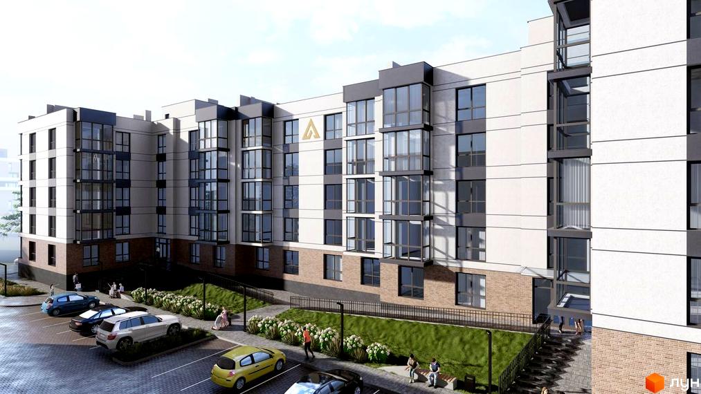 Житловий комплекс ATMOSFERA - це сучасна новобудова з великими вікнами та цегляним оздобленням. Прибудинкова територія облаштована парковкою та зеленими зонами з квітами.