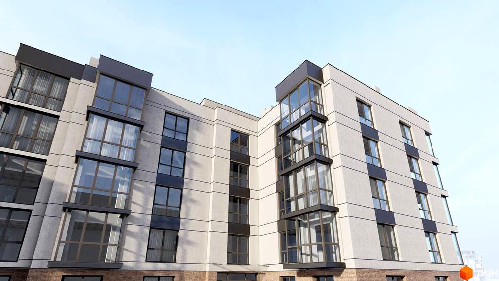 Зовнішній вигляд будинку житлового комплексу ATMOSFERA з великими панорамними вікнами та балконами. Сучасна архітектура новобудови.