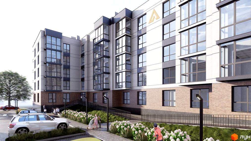 Зовнішній вигляд житлового комплексу ATMOSFERA з великими вікнами та цегляним оздобленням. На прибудинковій території розташовані зелені насадження та автомобілі.