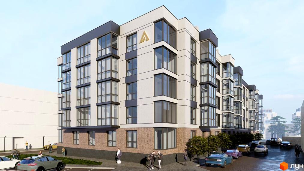Зовнішній вигляд будинку ЖК ATMOSFERA з великими вікнами та балконами, прибудинкова територія з парковкою та деревами.