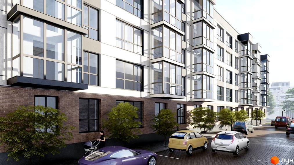 Житловий комплекс ATMOSFERA з цегляним фасадом та скляними балконами, перед яким розташовані автомобілі та зелені насадження.