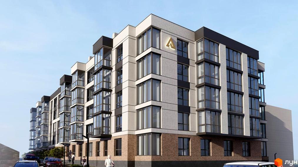 Житловий комплекс ATMOSFERA: фасади будинку з панорамними вікнами та цегляною обробкою, територія з деревами та припаркованими автомобілями.