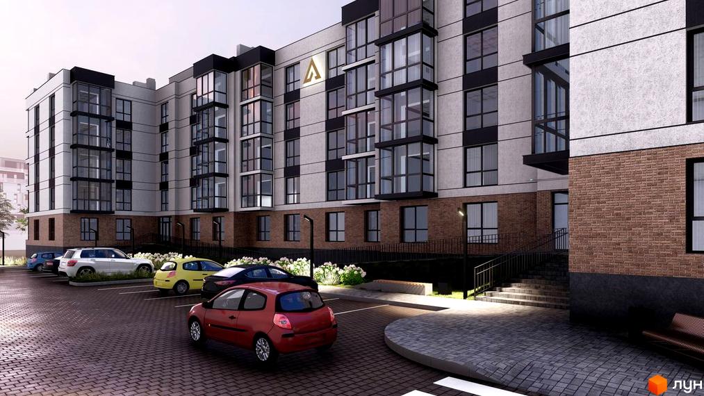Житловий комплекс ATMOSFERA: фасади будівель з панорамними вікнами та цегляним оздобленням, прибудинкова територія з парковкою та зеленими насадженнями.
