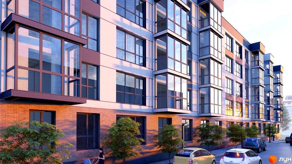 Зовнішній вигляд житлового комплексу ATMOSFERA з цегляною обробкою першого поверху та великими панорамними вікнами. На прибудинковій території розташовані дерева та припарковані автомобілі.