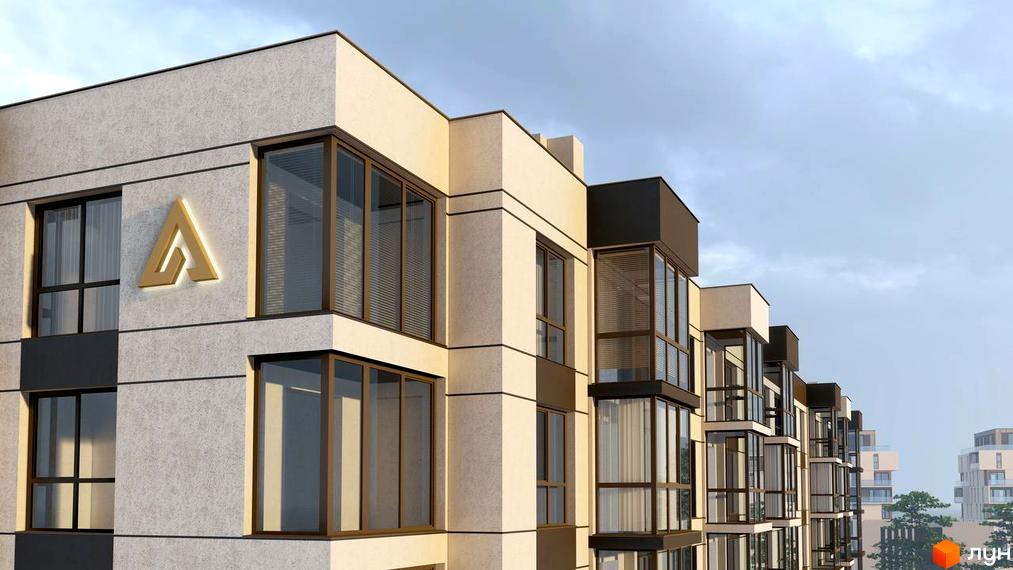 Житловий комплекс ATMOSFERA - це сучасна новобудова з панорамними вікнами та стильними фасадами. На фасаді розміщено логотип проєкту.