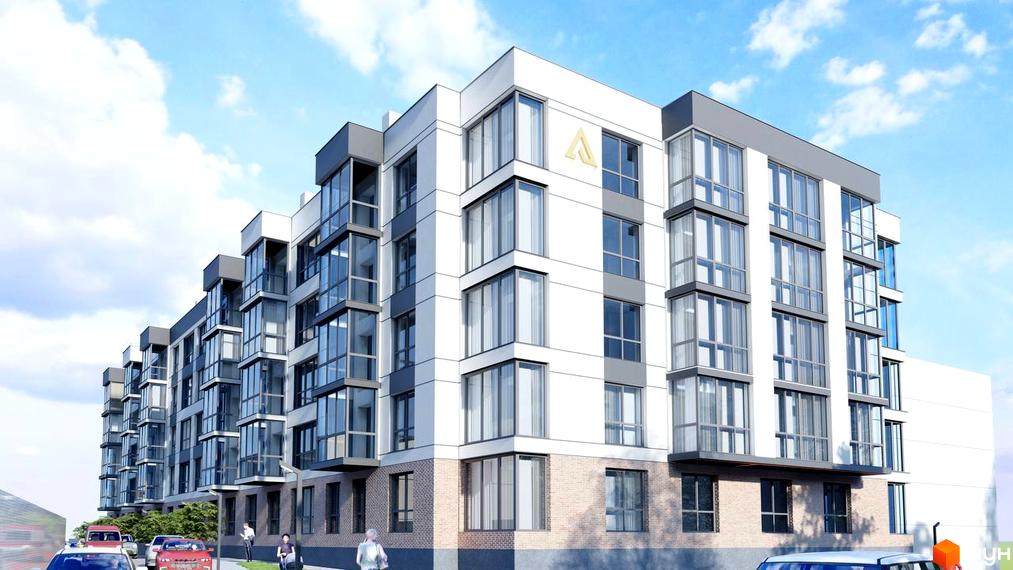 Зовнішній вигляд житлового комплексу ATMOSFERA з білими фасадами, великими вікнами та сірими елементами. Навколо будинку видно дерева та дорогу з автомобілями.