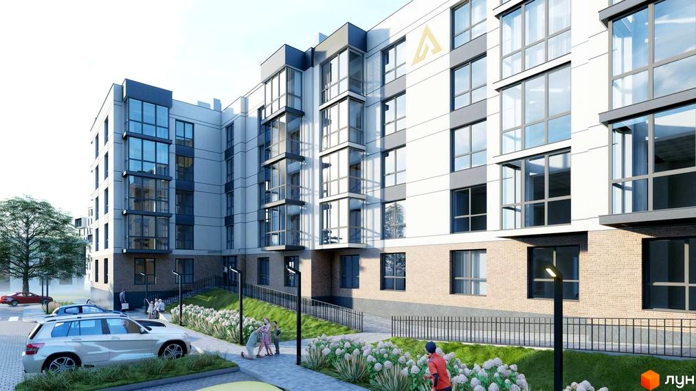 Зовнішній вигляд новобудови ЖК ATMOSFERA з великими вікнами та балконами. Прибудинкова територія з доглянутим газоном та квітами.