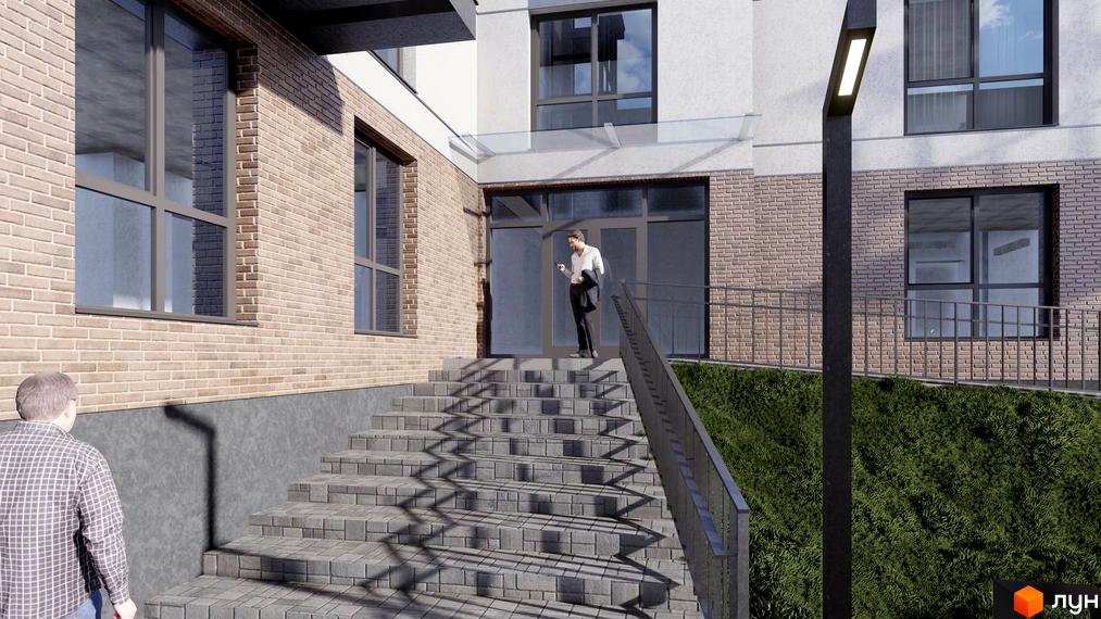 Зовнішній вигляд новобудови ЖК ATMOSFERA з цегляним фасадом, великими вікнами та сходами, що ведуть до входу. Прибудинкова територія з газоном та ліхтарем.