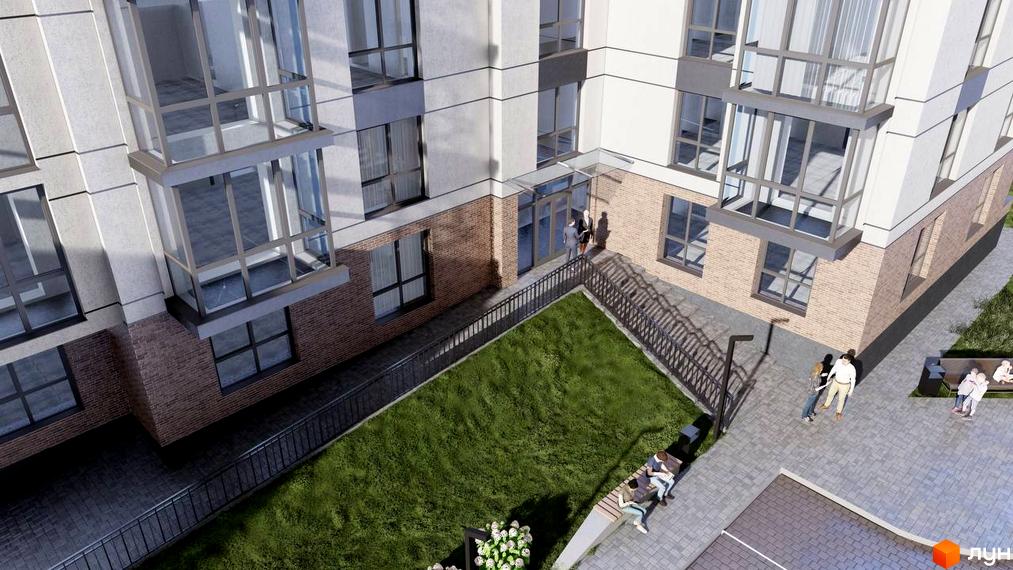 Житловий комплекс ATMOSFERA: фасад будівлі з панорамними вікнами та прибудинкова територія з зеленим газоном та зонами відпочинку.