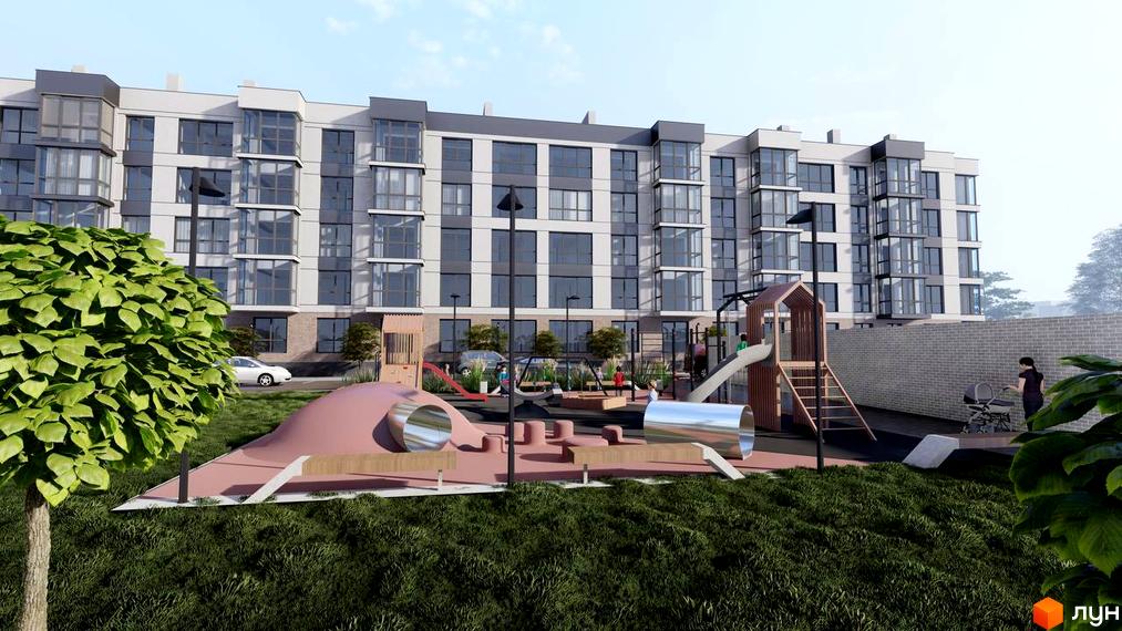 Житловий комплекс ATMOSFERA з дитячим майданчиком та зеленим двором. Багатоповерхова новобудова з великими вікнами та сучасним фасадом.