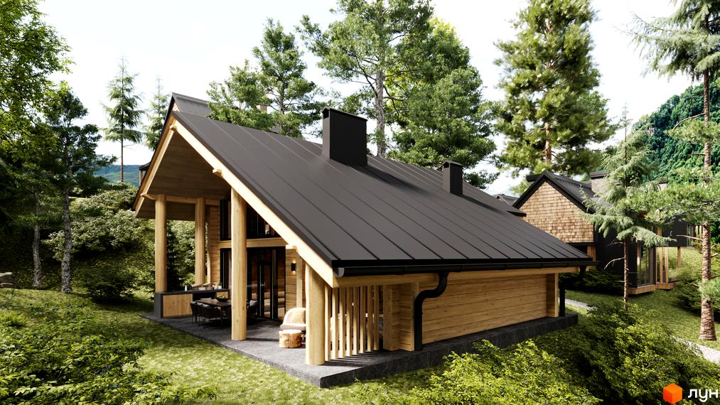 Дерев'яний будинок з чорним металевим дахом, великими вікнами та відкритою терасою. Оточений густими деревами та зеленою рослинністю у Guta Nova.