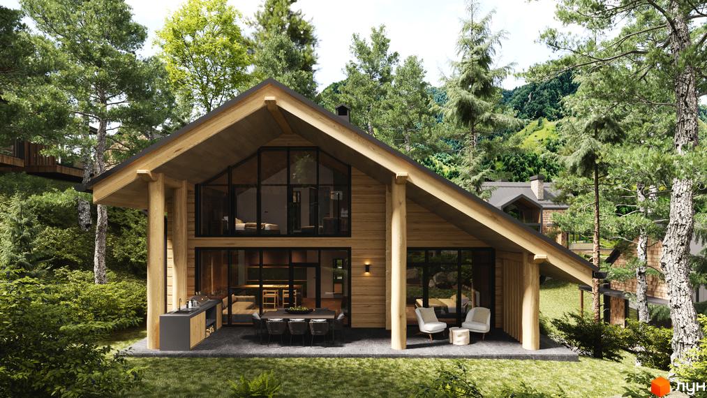 Зображення будинку з великими вікнами в Житловому комплексі Guta Nova. Навколо будинку зелені дерева та газон.