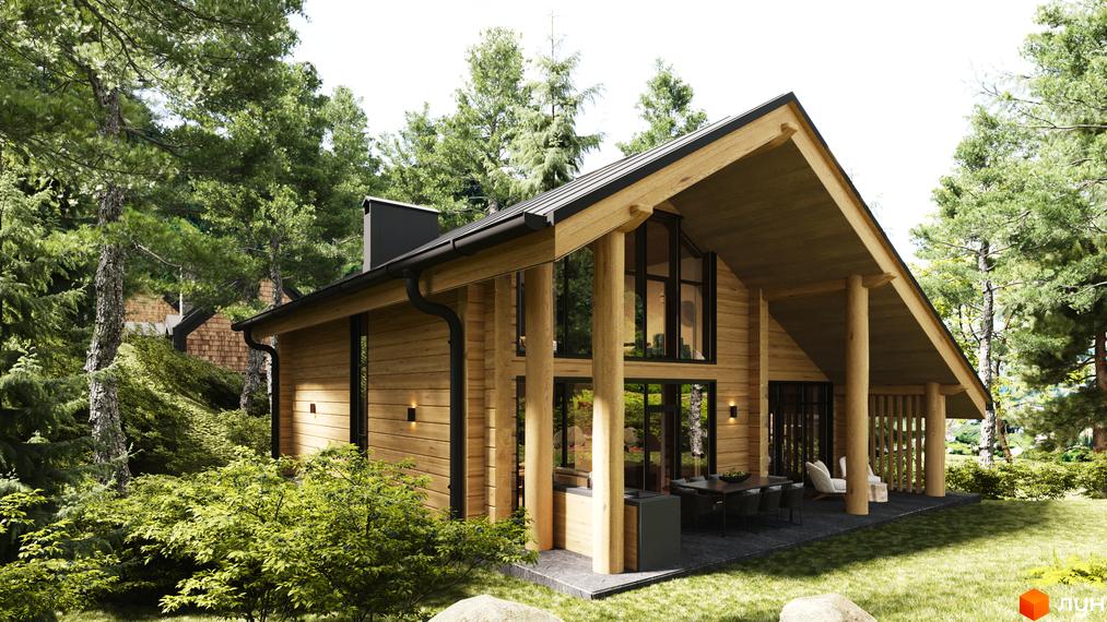 Зображення будинку з дерева з великими вікнами та терасою. Навколо будинку зелені дерева та газон.