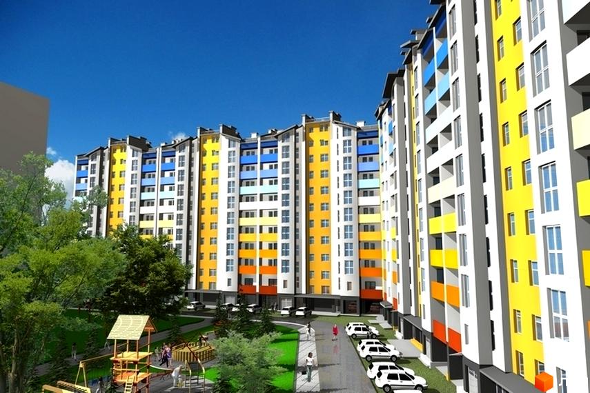 Зображення фасаду та прибудинкової території Житлового комплексу на вулиці Галицька, 120а. На території є дитячий майданчик та парковка.