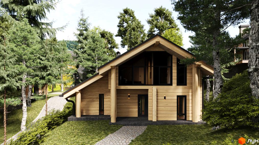 Дерев'яний будинок Guta Nova з темним дахом та великими вікнами. Він розташований серед густих хвойних дерев на схилі пагорба.