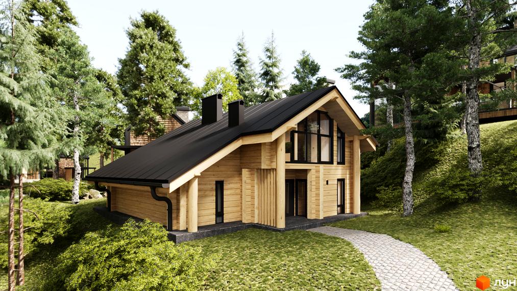 Дерев'яний будинок з чорним дахом та панорамними вікнами в оточенні лісу, частина Житлового комплексу Guta Nova.