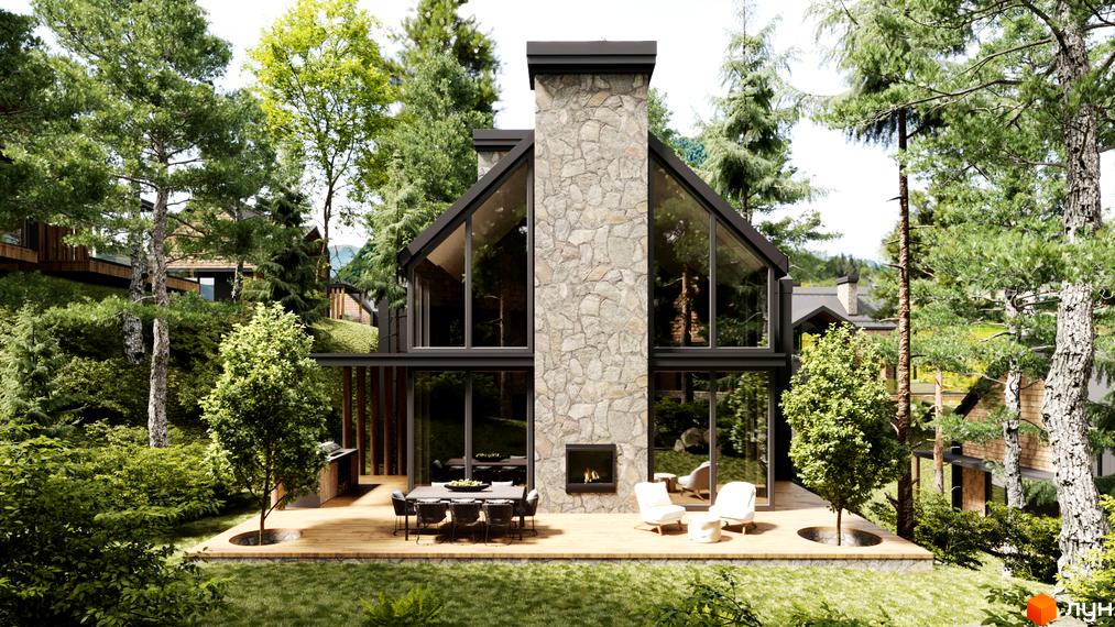 Зображення будинку з великими вікнами та кам'яним димарем серед дерев. Тераса з меблями для відпочинку та обідів.