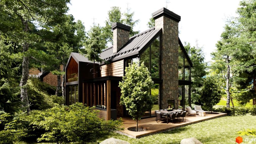Будинок Guta Nova з кам'яним фасадом, великими скляними вікнами та дерев'яними елементами, оточений зеленою галявиною та густим лісом.