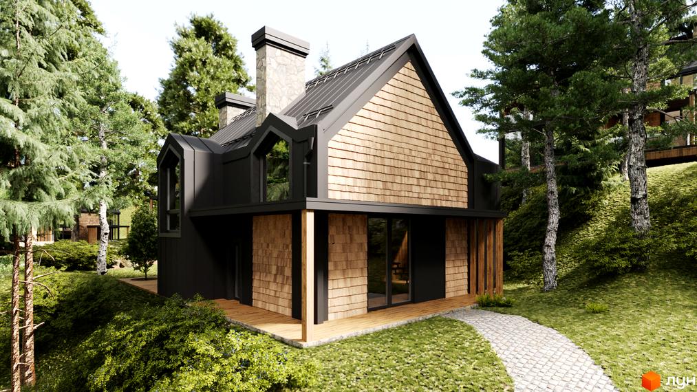 Зображення будинку з дерев'яним оздобленням фасаду та великими вікнами в Житловому районі Guta Nova. Навколо зелені насадження та доріжка.