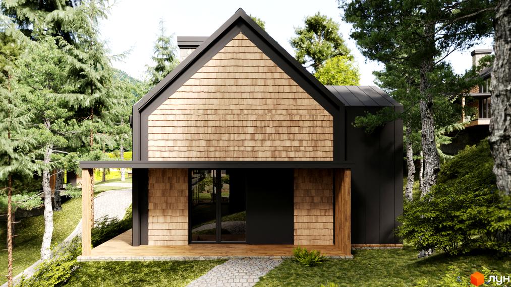 Будинок Guta Nova з фасадом з дерев'яної черепиці та чорними елементами, оточений густими зеленими деревами.