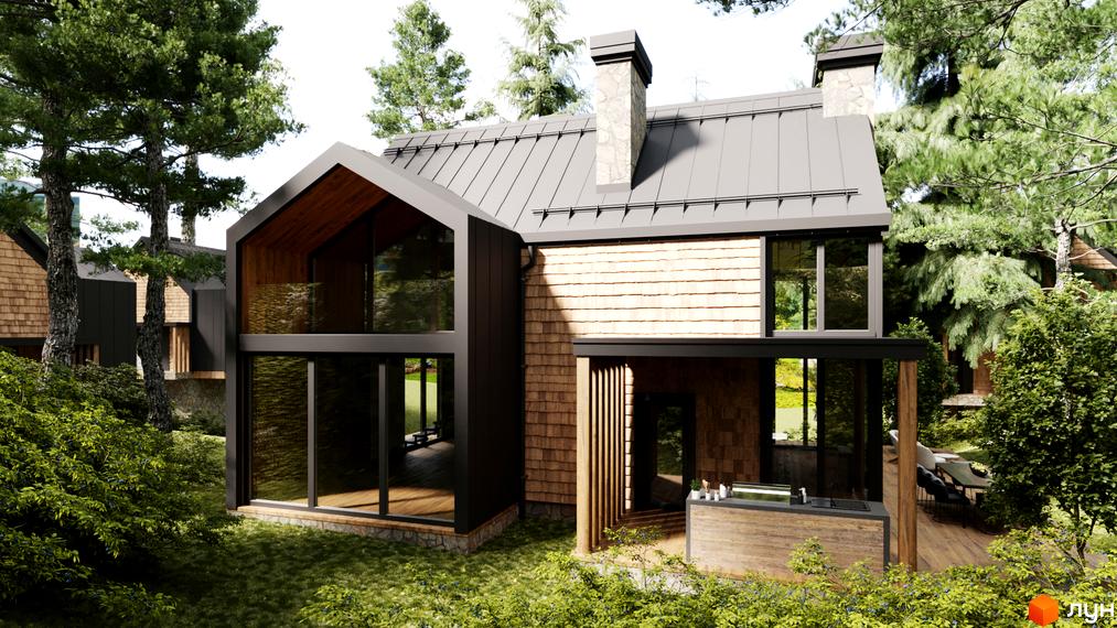 Зображення будинку з великими вікнами та дерев'яним оздобленням. Навколо будинку зелена прибудинкова територія.