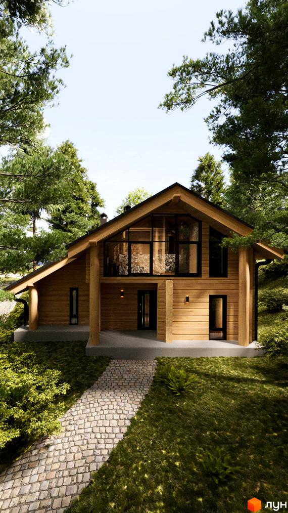 Зображення дерев'яного будинку з великими вікнами та двосхилим дахом. Навколо будинку зелена трава та дерева.