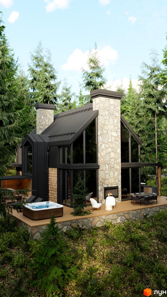 Зображення будинку з великими вікнами та кам'яними елементами, розташованого серед зелених дерев. На території є тераса з джакузі та зоною відпочинку.