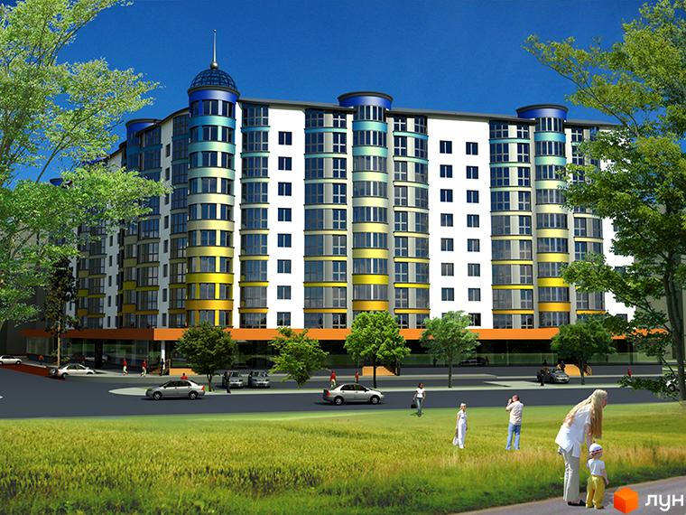 Зображення житлового комплексу по вулиці Галицька, 120а. Багатоповерховий будинок з кольоровими вставками та куполами, зелена прибудинкова територія.