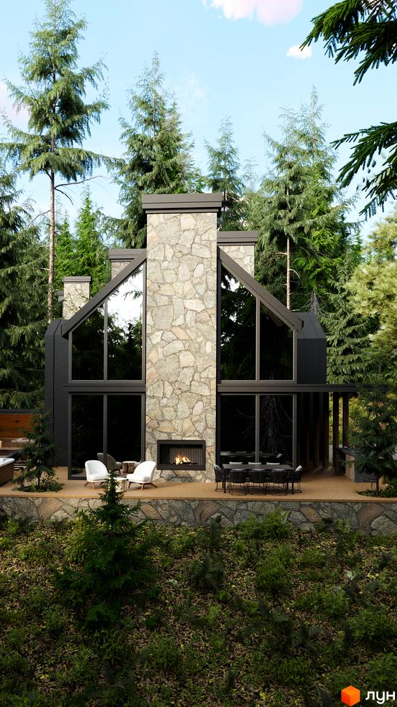 Житловий комплекс Guta Nova: будинок з кам'яною стіною та панорамними вікнами серед лісу. Перед будинком облаштована тераса з меблями.