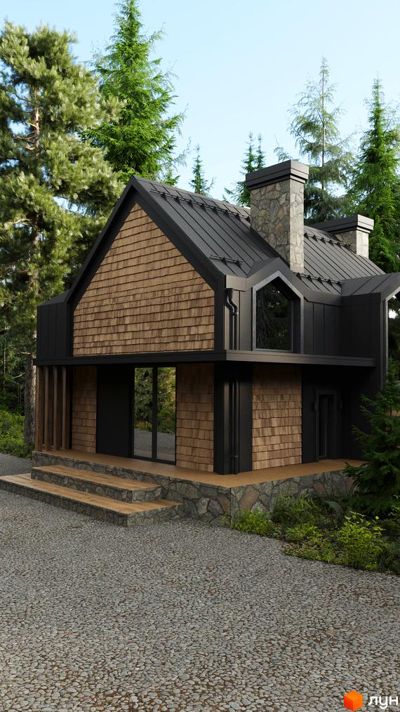 Зображення будинку з дерев'яним фасадом та темним дахом, розташованого серед зелених дерев. На передньому плані видно доріжку з дрібної гальки.