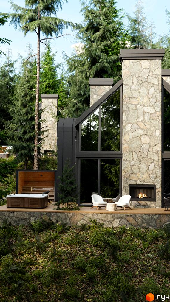 Будинок Guta Nova з кам'яними стінами та великими вікнами, оточений хвойними деревами. На терасі розташовані джакузі та зовнішній камін.