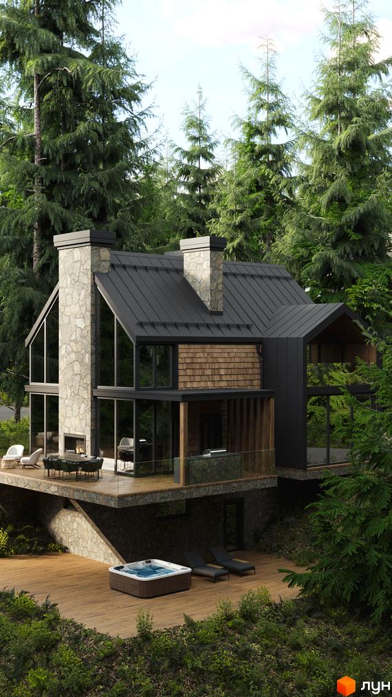 Зображення будинку з великими вікнами та кам'яною обробкою, розташованого серед зелених дерев. На території є басейн та зона відпочинку.