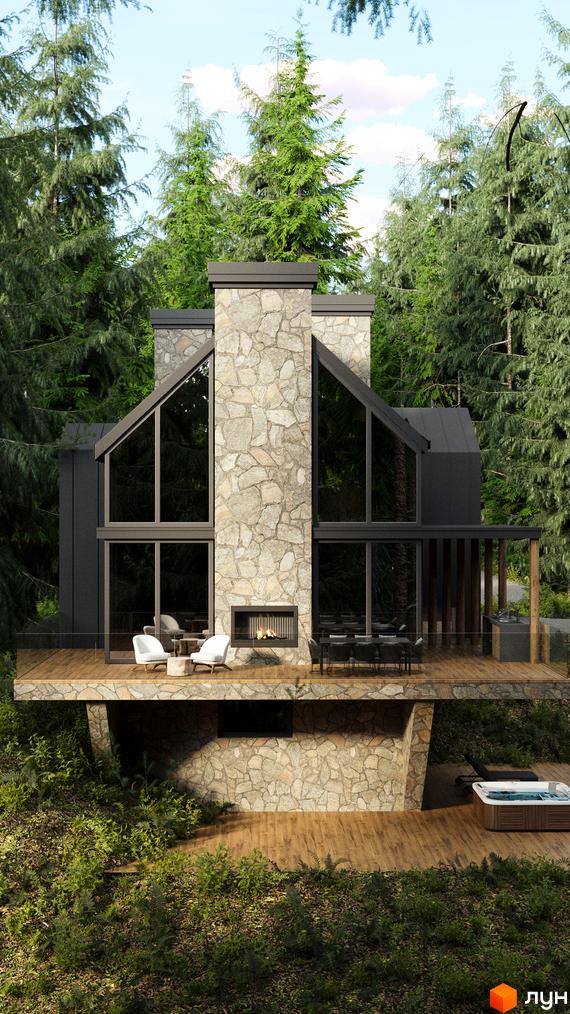 Зображення будинку з великими вікнами та кам'яним фасадом, розташованого серед зелених дерев. На терасі є меблі та камін.