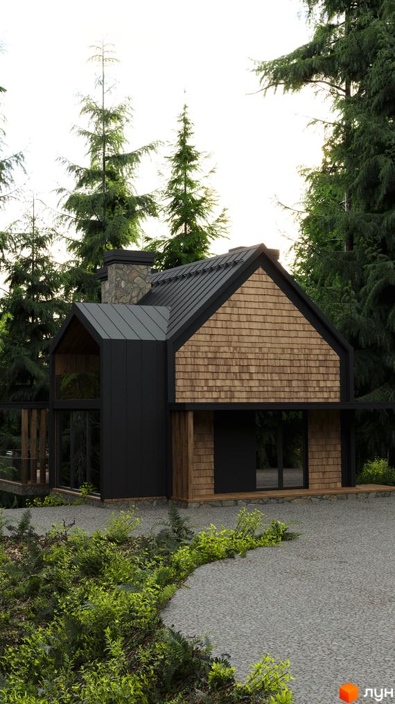 Guta Nova: будинок з темним дахом, світлою дерев'яною обшивкою та кам'яним димарем, розташований серед високих хвойних дерев.