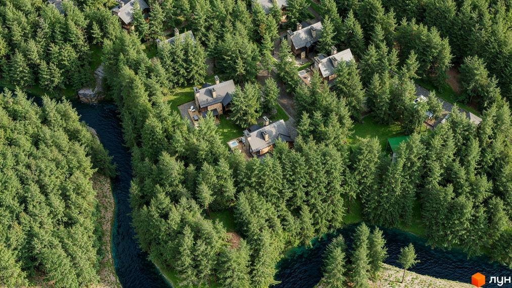 Будинки Guta Nova з темними дахами та кам'яними стінами, розташовані серед густого хвойного лісу біля річки.