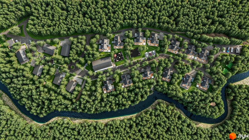 Зображення зверху на Житловий комплекс Guta Nova, розташований серед лісу. Видно будинки, дорогу, річку та зелені насадження.