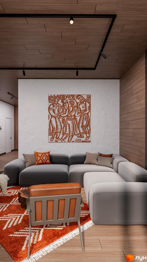 Інтер'єр вітальні з великим кутовим диваном, картиною на стіні та килимом з геометричним орнаментом. Затишний простір для відпочинку в Житловому районі Guta Nova.